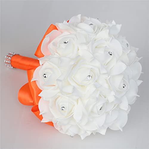 Yoanshop Wedding Bouquets for Brides or Bridesmaids Crystal Silk Roses Bridal Bridesmaid Wedding Hand Bouquet Artificial Fake Flowers (Orange) - color: Orange