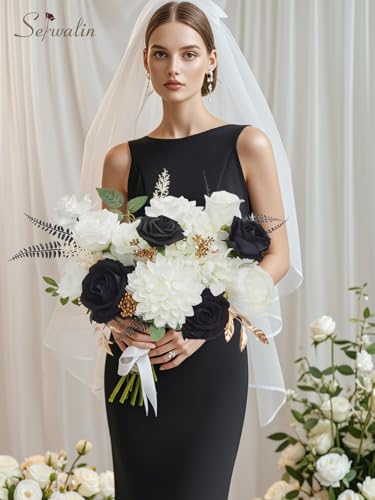 Serwalin Black Artificial Flowers, White Roses Silk Fake Flowers for DIY Wedding Bridal Bouquets, Wedding Cake Flowers for Table Centerpieces Baby Shower Birthday Party Home Decorations - color: Black & White, size: Square