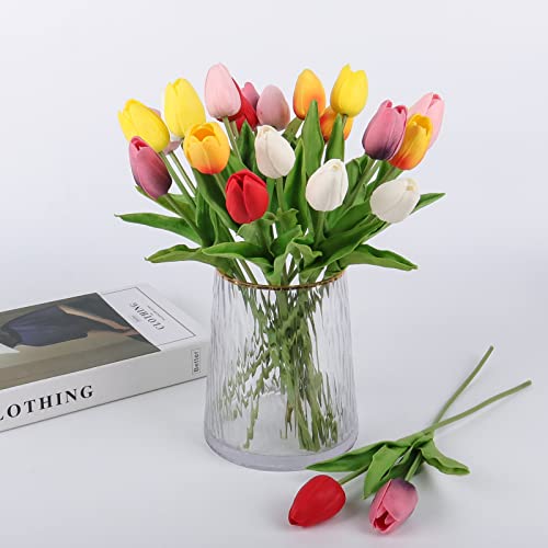 Beferr 18Pcs Tulips Artificial Flowers Faux Tulip Real Touch Tulip Fake Flowers Bouquets Arrangements for Mothers Day Spring Easter Wedding Home Table Decor - color: I-18pcs-6colors-colorful, size: 18PCS