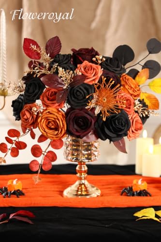 Floweroyal Halloween Artificial Flowers Black Flowers Mix Silk Flowers Fake Roses with Stems for DIY Wedding Bridal Bouquets, Baby Shower, Floral Arrangement, Table Centerpieces, Home Decorations - color: Orange & Black