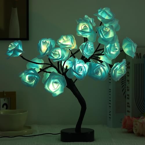 Drawelry Rose Flower Tree Lamp - LED Rose Tree Table Lamp USB/Battery Powered Artificial Bonsai Flower Night Light for Bedroom Living Room Party Wedding Birthday Decor (Blue) - color: Blue