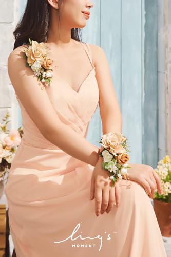 Ling's moment 2pcs Prom Wrist/Shoulder Corsage Artificial Flower, Girl/Mother Homecoming/Wedding Corsage Wristlet Décor, etc. Yellow Orange Peach - color: Or-yellow Orange & Peach