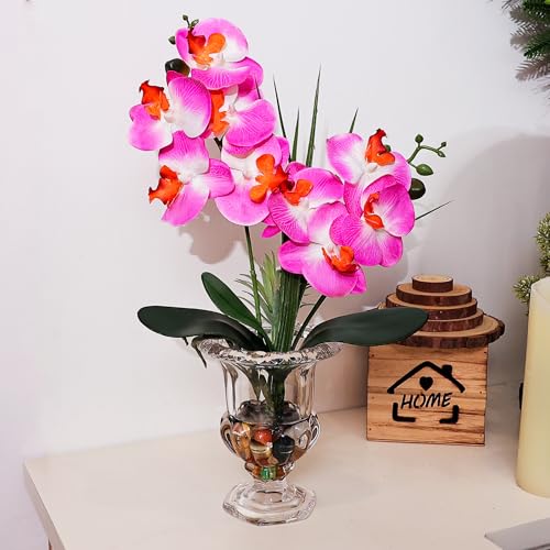 Jusdreen Artificial Purple Orchid Centerpiece, 14.5 Inch Phalaenopsis in Glass Vase with Potting for Home Office Table Decor, Realistic Orchid Arrangement - color: Wine Glass-purple