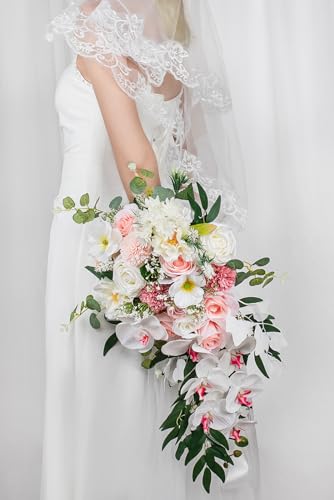 Lisuun Wedding Bouquets for Bride, 16 Inches Wedding Flower Bouquet, Silk Round Bridal Bouquet for Wedding, Ceremony, Anniversary - color: White&pink