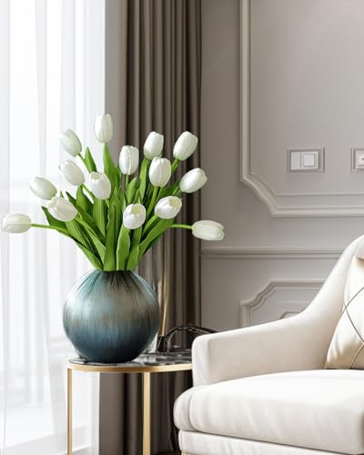 12pcs White Artificial Tulips Silk Faux Flowers Real Touch for Wedding Bouquet, Home Decor, Party Centerpiece, Table Decor, Mother's Day Easter Spring Gifts - color: White