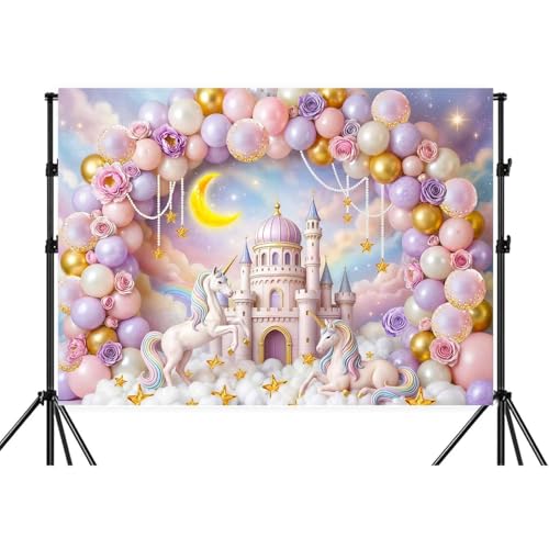 5X3ft Princess Castle Balloon Arch Backdrop Rainbow Clouds Unicorn Fairy Tale Photography Background for Birthday Wedding Baby Shower Cake Table Decoration Photo Booth Wall Decor Banner - color: Multi8, size: 5X3FT