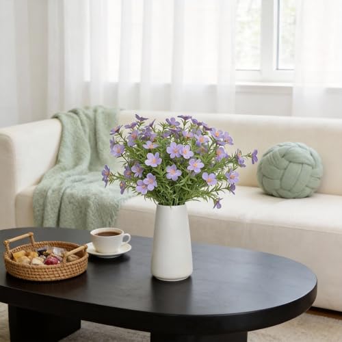 Artificial Purple Gypsophila Baby's Breath Flowers in Ceramic Vase, 6 Inch White Vase with Faux Cosmos Arrangement, Farmhouse Table Centerpiece for Home Office Shelf Desk Decor - color: Purple