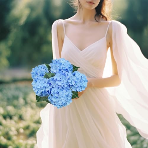 6PCS Premium Blue Silk Hydrangea Artificial Flowers Bouquets - Realistic Fake Hydrangea with Stems, Faux Flower Arrangement for Home Wedding Party Baby Shower Table Centerpieces Decoration - color: Blue Light Blue