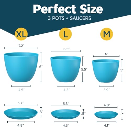 Blue Plant Pots with Drainage Holes & Saucers 3 Pack, Indoor & Outdoor Stackable Space-Saving Planters for Houseplants & Flowers, (7", 6.7", and 6" Inches), Durable & Weatherproof Materials - color: Blue, size: Pack of 3