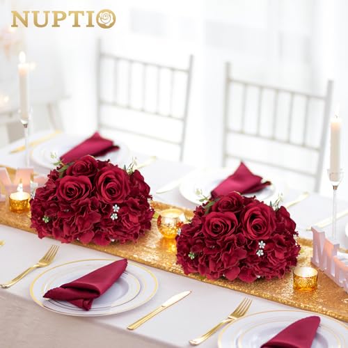 NUPTIO Flower Balls for Centerpieces Wedding: 10 Pcs 11.8 inch Diameter Artificial Flower Ball Arrangement Bouquet Centerpiece for Tables - Burgundy Fake Rose Flowers for Wedding Decor - color: Burgundy, size: 11.8" Diam - 10 PCS