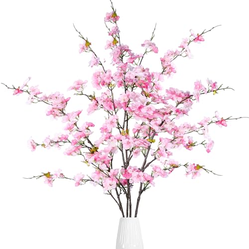 Sggvecsy Artificial Cherry Blossom Flowers 4 Pcs Faux Cherry Blossom Stems Faux Silk Cherry Blossom Branches 43’’ Fake Flowers Long Stems for Vase Arrangements Home Wedding Table Decor (Pink) - color: Pink