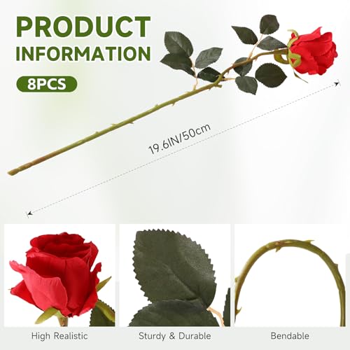 Tifuly 12 Pcs Red Roses Artificial Flowers,Realistic Long Stem Fake Silk Roses Bouquet for Party Home Wedding Centerpiece Office Decor - color: Red