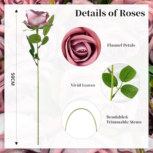10 PCS Artificial Roses with Long Stems Silk Flowers Realistic Foam Flowers Fake Roses for Valentine's Day Home Wedding Halloween Decor(Dim Pink) - color: Dim Pink