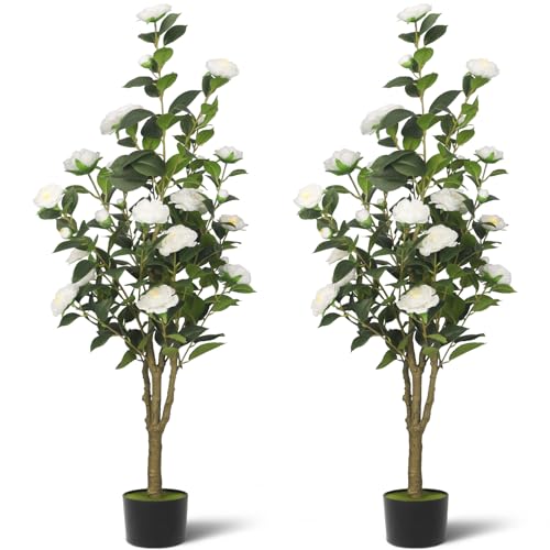 2-Pack 4FT Artificial Camellia Tree,Realistic Fake Potted Plants with Flowers&Planters,Indoor/Outdoor Faux Flowering Trees for Home,Office,Porch,Wedding,and Housewarming Gift Decor,White - color: White