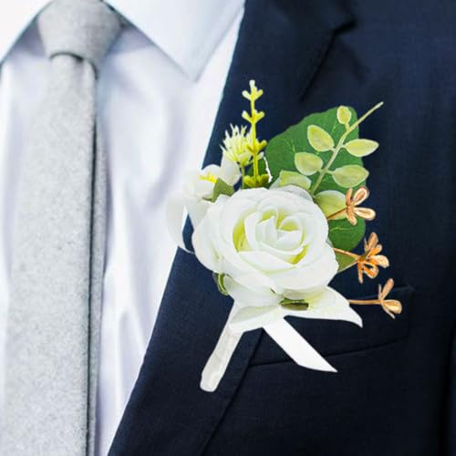 Rose Boutonniere for Men White Groom Flower Boutonniere Pin for Wedding (White) - color: White