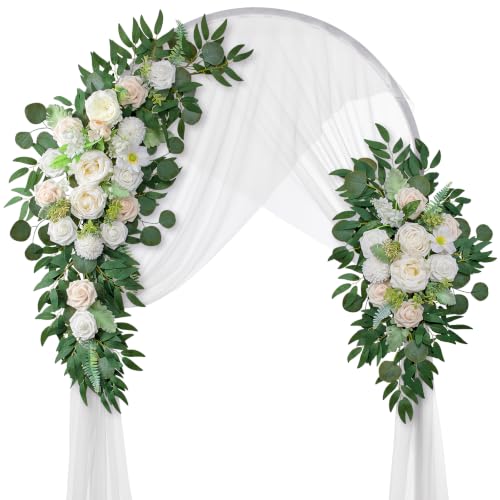 Lisuun Artificial Wedding Arch Flowers with Chiffon Runner, Pack of 3 | Includes 2 Flower Swags, 1 20ft Chiffon Runner and Zip Ties for Wedding Arches, Arbors and Backdrops - color: Pure White