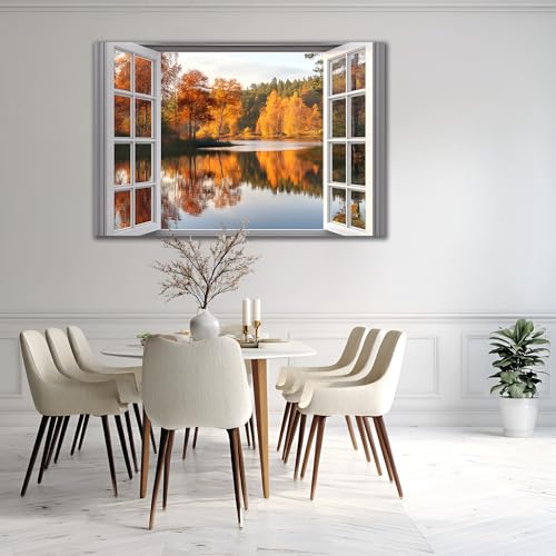 AMAZING WALL Autumn Lake Trees Peel and Stick Fake Window Stickers Perfect for Bedroom/Office/Kids' Room Wall Decor,Self-Adhesive Wall Decals,16x24in/1PCS - color: Autumn Lake, size: 16x24"/1pcs