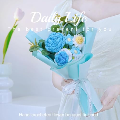 Crochet Flowers Rose Artificial Flower, Handmade Crochet Flowers Bouquet,Crochet Knitted Flowers Gifts for Mom Lover Friend Home Decor,for Girlfriend Mothers Day Birthday Home Decor (Blue) - color: Blue
