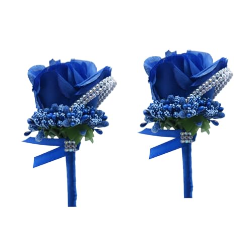Boutonniere for Wedding Groom 2pcs Royal Blue Rose Groomsmen Best Man Father Suit Lapel Flower Button Hole Artificial Flower with Gold Ornament for Prom Homecoming, Tea Party, Formal Dinner - color: Royal Blue Boutonnirere