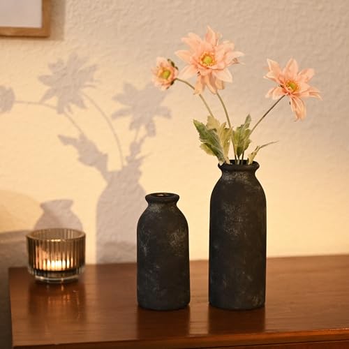 VICTOR & TERESA Black Ceramic Vases Home Decor, Flower Vase Set of 2, Farmhouse Vase for Flowers, Rustic Decorative Vases for Pampas Grass, Table, Living Room, Shelf, Centerpieces, 8 inch - color: Black