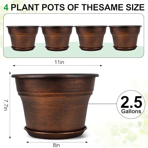 Plant Planters Pots Set of 4 Pack 11 Inch, Plastic Flower Pot For Indoor Plants With Drainage Holes & Trays, Resin Decorative Container Sets With Saucer For House Outdoor Garden Planters Copper - color: Copper, size: 11 inch-4 pack