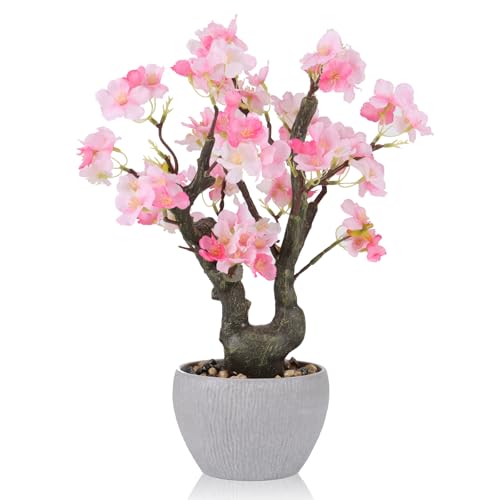 KAIRNE Artificial Pink Cherry Blossom Potted,15.7'' Tall Fake Bonsai Tree,Floral Faux Plant,Realistic Decorative Plants Potted,Flowers Table Decoration Gifts for Holiday Home Office Desk Spring Decor - color: Pink Cherry Blossom