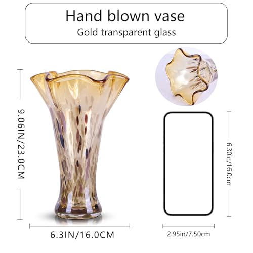 9.0"H Amber Glass Vases for Flowers, Unique Hand Blown Glass Vase Amber Gold Home Decor, Wide Mouth Colorful Flower Vase Centerpieces, For Living Room Table Bookshelf, Bathroom Office Shelf Decorative - color: Gold Amber
