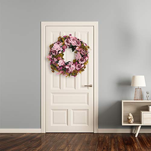 BOMAROLAN Artificial Peony Flower Wreath 19Inch Vintage Blooming Silk Peonies Spring Summer Fall Winter Large Wreaths Flower Green Leaves for Outdoor Front Door Indoor Wedding Wall Or Window Décor - color: Sweetened Bean