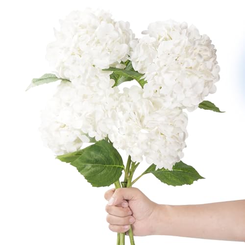 20" 4Pcs White Faux Hydrangea Flowers Real Touch Fake Hydrangeas Bouquet Hydrangea Artificial Flowers with Leaves Stems for Centerpiece Arrangements Wedding Party Home Décor - color: White