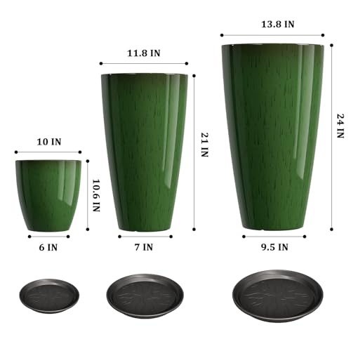QCQHDU 24,21,11 inch Large Planters with Drainage Hole & Saucer, Set of 3 Plant Pots Tall Planter for Indoor & Outdoor Plants Home Modern Decor - color: Green, size: 24,21,11 inch