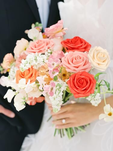 MACTING 30PCS Artificial Rose Flowers Real Touch Fake Flowers with Stem Foam Roses for DIY Wedding Bouquet Table Centerpieces Party Baby Shower Home Party Summer Mothers Day Decor,Mix Coral Series - color: Mix Coral, size: 30PCS