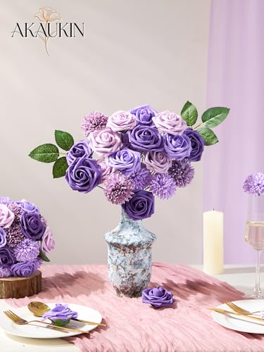 Artificial Flowers Combo Set Purple Faux Dahlia Roses DIY Wedding Decor | Silk artificial flowers arrangement set for home decor crafts reusable party bouquets DIY wedding table and event decorations - color: Purple, size: The Minimalist