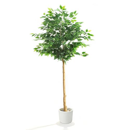 Artificial Ficus Tree, 6Ft | White pot, adjustable realistic branches and leaves, indoor outdoor home decoration - color: Ficus