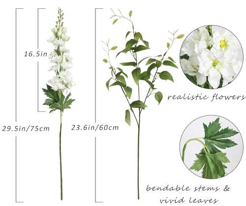 8PCS White Artificial Delphinium Flowers with Clematis Greenery Long Stem Flowers 29.5" Larkspur Artificial Flowers for Wedding Centerpieces Silk Flowers for Home Decor Indoor (White) - color: White