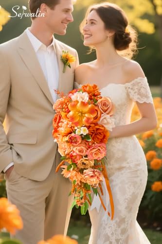 Serwalin 11 Inch Wedding Bouquets for Bride Bridesmaid,Fall Cascading Orange Bridal Bouquets for Bride,Wedding Ceremony and Anniversary Day Decor - color: Athens Orange