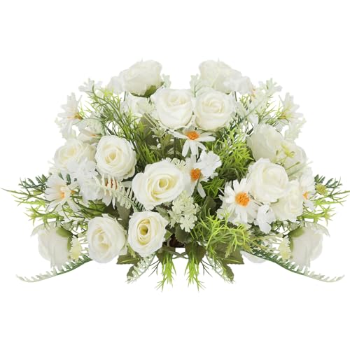 Artificial Flowers Bouquet 3 Pack Fake Rose Bouquet Faux Artificial Flower Arrangements Decoration Table Wedding Flower Centerpieces（White） - color: White