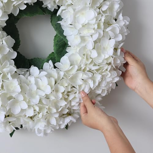 21" Artificial Hydrangea Flower Wreath for Front Door Spring Summer(White) | Premium Material,Long-Term Use,Full and Plump Flower Wreath Greenery,Ideal for Home Mantel Wall Farmhouse Outdoor Decor