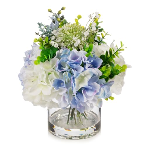 ENOVA FLORAL Artificial Hydrangea Flowers in Vase, Mixed White and Blue Silk Hydrangea in Vase with Faux Water for Dining Table Centerpieces, Home Decor Indoor (FL-159-BlueCream) - color: Fl-159-bluecream