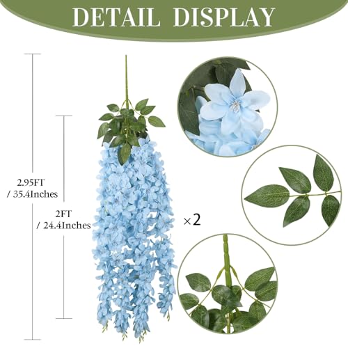 2PCS Artificial Blue Hanging Wisteria Flowers, 2.95ft Wisteria Garland with 5 Branches Realistic Silk Hanging Flowers for Decoration, Wedding Arch, Party Backdrop, and Home Wall Decor - color: Blue