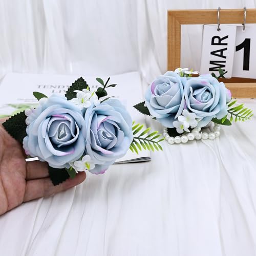2PCS Light Blue Rose Wrist Corsage Wristlet Band and Men Boutonniere Set, for Wedding Anniversary Artificial Flowers Accessories Prom Party Suit Decorations - color: Light Blue