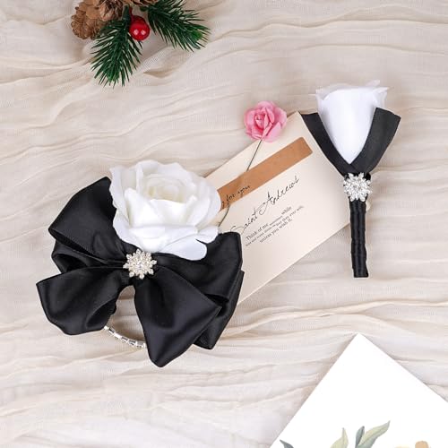 Weslymoo Black Corsage and Boutonniere Set, Prom Artificial Flower Wrist Corsage Bracelets, Homecoming Corsage Wristlet, Boutonniere for Men Wedding Flowers Accessories Prom Suit Decorations
