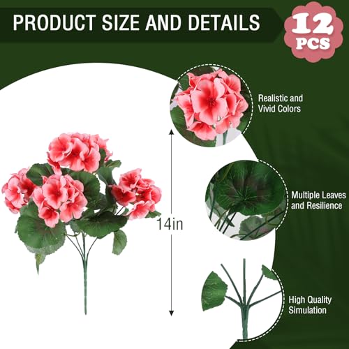 Hananona 12 Pcs Artificial Geranium Flowers for Outdoors Geranium Silk Flowers Outdoor UV Resistant Garden Plants Faux Flowers for Home Kitchen Table Centerpieces Decor (12, Peach) - color: Peach