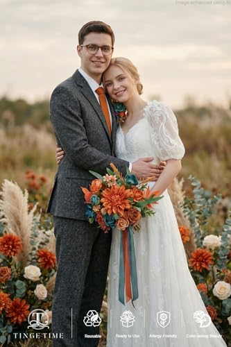 TINGE TIME Artificial 9 Inch Bridal Bouquet, Burnt Orange & Dark Teal Flower Bouquet with Roses for Bride, Bridal Tossing Bouquet for Fall Wedding Ceremony Bridal Showers Wedding Decoration - color: Burnt Orange & Dark Teal