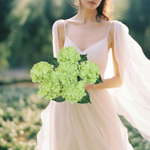 6PCS Premium Green Hydrangea Artificial Flowers Bouquets, Silk Hydrangea Flowers Heads with Stems, Fake Hydrangeas Flowers Arrangement, Faux Hydrangea Decor for Home Wedding Party Table Centerpieces - color: Green & Light Green