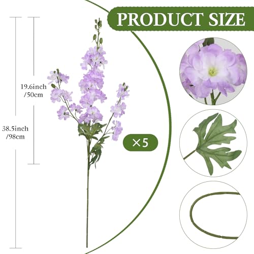 Purple Silk Flowers 5 PCS Delphinium, 38.5" Lilac Flowers Artificial Fake Larkspur Artificial Flowers Long Stem Snapdragon Flowers for Wedding Centerpieces Home Party Decor - color: Light Purple