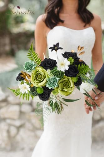 Serwalin Green Artificial Flowers, Black Silk Fake Flowers Greenery Stems for DIY Wedding Bridal Bouquets, Wedding Cake Flowers for Table Centerpieces Baby Shower Birthday Party Home Decorations - color: Black & Green, size: Square