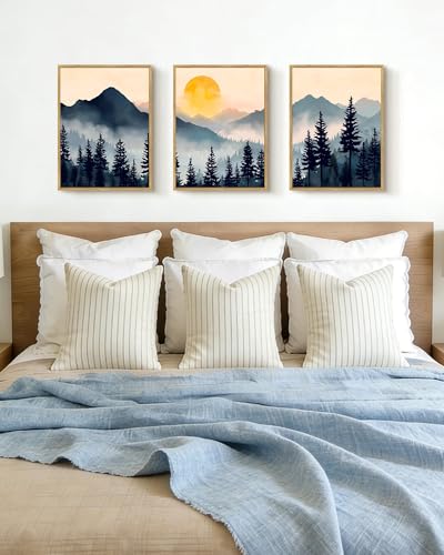 PHOPAGO Blue Fog Pine Tree Mountain Landscape Framed Wall Art Retro Watercolor Nature Misty Forest Artwork Paints Sun Rise Rustic Farmhouse Home Decor - 11x14in Natural Framed - color: Blue Mountain, size: 14L" x 11W" x 3 Pcs Natural