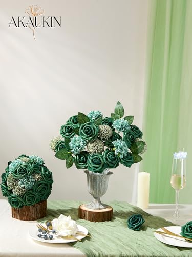 Artificial Flowers Combo Set Blue Green Dahlia Roses DIY Wedding Decor | Silk artificial flowers arrangement set for home decor crafts reusable party bouquets DIY wedding table and event decorations - color: Blue Green, size: The Minimalist