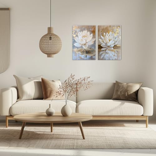KPLUNDO Zen Wall Art 2 Piece White Lotus Blooming Painting Artwork White Gold Lotus Flower Poster Artwork for Bedroom Living Room Bathroom Yoga Spa Room Decor(Artwork-3,24"x32"x2pcs) - color: Artwork-3, size: 24"x32"x2pcs
