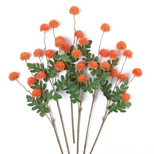 mizii 6Pcs Orange Fake Silk Pompon Mum Artificial Flowers Bulk Small Faux Chrysanthemums with Stems Realistic Floral Decorations for Wedding DIY Bouquet Centerpieces Shower Vase Home Decor (Orange) - color: Orange